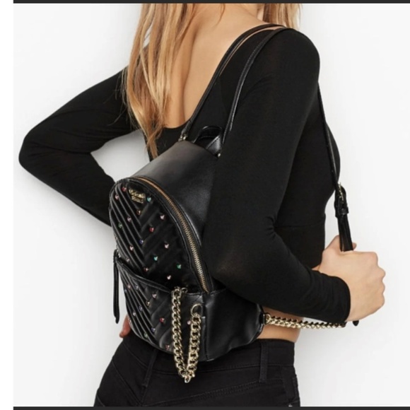 Victoria's Secret Handbags - Victoria’s Secret Gem Small City Backpack Black Multi Colored Gems Gold Chain